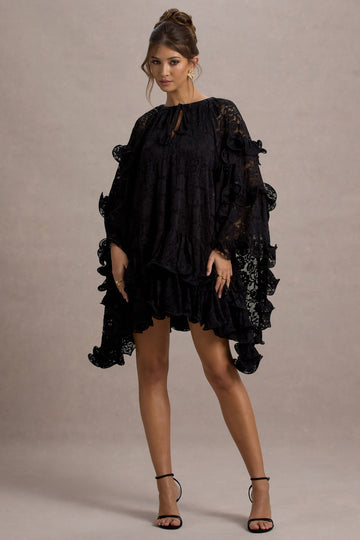 Arlington Black Lace Cape-Sleeve Mini Dress